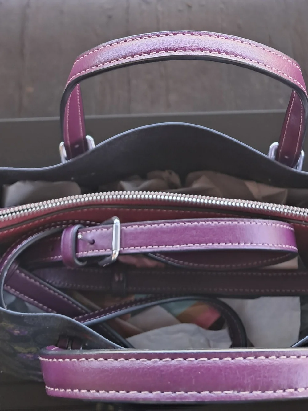 Coach Gray Floral Signature Tote with Matching Wristlet — Plum Trim